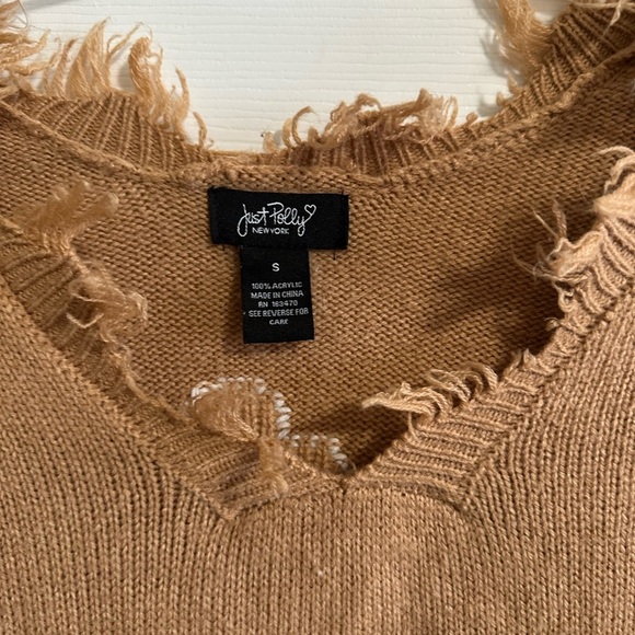 Just Polly Distressed Flower Sweater S (PTP 29) Tan V-Neck Daisy Oversized - Picture 4 of 5